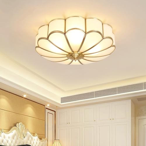 MIXL- Mid Century Brass Flush Mount Ceiling Light,LED Antique Brass Light Fixture, Modern Frosted Glass Ceiling Lamps for Living Room, Close to Ceiling Light Decorative for Bedroom(13.77" W)