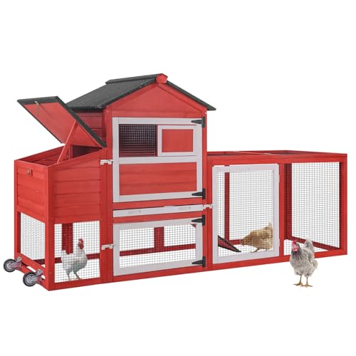 Chicken Coop Chicken House for Outdoor, Poultry Cage with Wheels Mobile Hen House and UV-Resistant Roof - Red