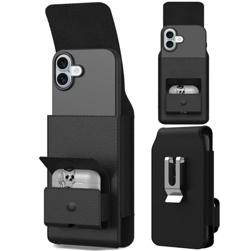 CoverON Holster with AirPods Holder for Apple iPhone 16 16e Pro/15 15 Pro/14 14 Pro/13 13 Pro/ 12 11 Pro/X Xr Xs, Cell Phone Case Belt Clip Carrying Vertical Leather Pouch (Fits Otterbox or Any Case)