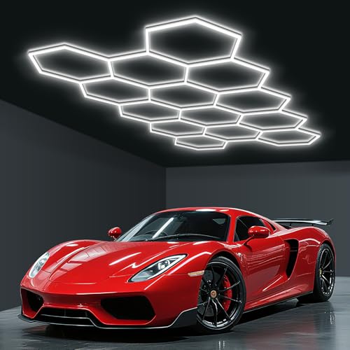 Hexagon LED Garage Lights, 58 Pack Ceiling Light Tubes 6500K, 456W 54720 LM DIY Design for Workshop, Warehouse, Car Detailing, Gym Lighting 6500K Bright White(14-HEX)