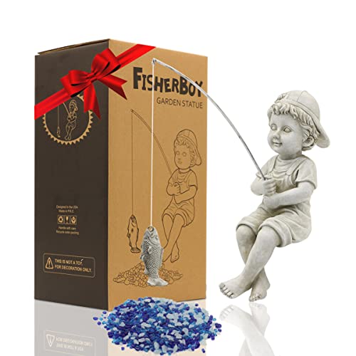 Goodeco Fisherboy Statue Garden Decor - 11" Little Fishing Guy for Koi Pond or Waterfalls, Poolside Statue with Glow in Dark Pebbles Included, Great Gifts for Mom, Women or Birthdays, Gift Ideas