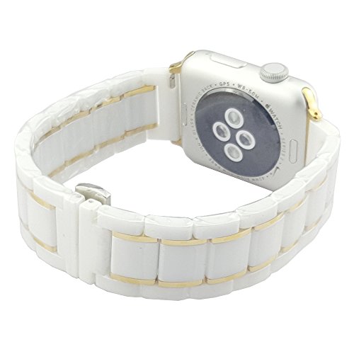 MeShow 49mm/45mm/44mm/42mm Two Tone Ceramics Stainless Steel Removable Link Strap Bracelet Watch Band with Butterfly Buckle Clasp for iWatch Series 8/7/se/6/5/4/3/2/1/ultra All Models (White+Gold)