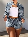 NATRUNSOO Denim Short Sets Women 2 Piece Outfits Summer Long Sleeve Zip Up Cropped Jacket Raw Hem Skinny Jean Shorts Set Blue XL