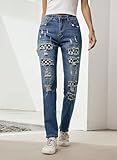 EVALESS Ripped Jeans for Women Boyfriend Distressed Patchwork Print Democracy Mom Jeans 2025 Fashion Wide Leg Losse Baggy Racing Denim Pants with Hole Blue Medium