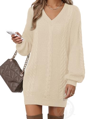 VAFOLY Women's 2024 Knit Sweater Bodycon Mini Dress Ribbed Long Sleeve Ruffle Hem Cocktail Party Sexy Fall Winter Big Sweaters for Women Trendy Dresses Engagement Photo Outfits Apricot S