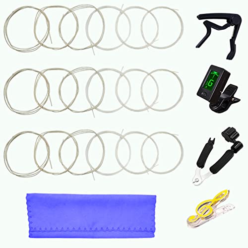 Classical Guitar Strings 3 Full Sets Clear Nylon with Tuner, 3 in 1 Restringing Tool, Capo, Music Book Clip, Cleaning Cloth