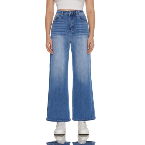 ONESO High Waisted Stretchy Women Wide Leg Jeans Buckle Baggy Pants Underwear Lady Trouser Tummy Control Trendy Jeans for Women