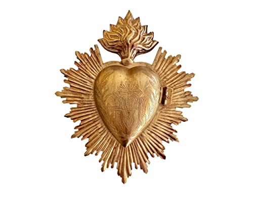The Queen of Crowns Sacred Heart, Metal Milagro, Heart Box, Ex Voto, Prayer Holder (Antique Gold)