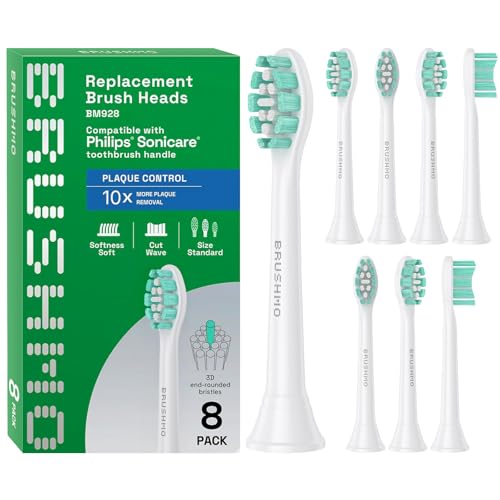 Brushmo Plaque Control Replacement Toothbrush Heads, Compatible with Philips Sonicare Click-on Electric Toothbrush Handles, 8 Standard Replacement Heads, Soft Dupont Bristles, BM928, White