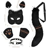 Yinhua Black Therian Mask and Tail Kit Faux Furrfy Fox Mask Cat Paws Gloves and Ears for Kid & Adult Halloween Cosplay Party