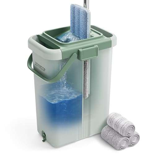 JOYMOOP Mop and Bucket with Wringer Set, Flat Squeeze Mop with Bucket (X-Large), Dust Mop for Wall Cleaner with Long Handle, Microfiber Mop - Green Bucket with 3 Reusable 15" Pads