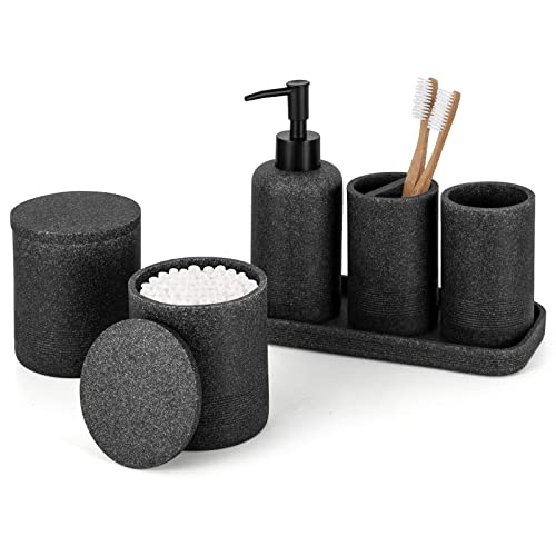 ZCCZ Black Bathroom Accessories Set 6 Pcs- Toothbrush Holder, Lotion Dispenser, 2 Qtip Container, Vanity Tray, Tumbler for Countertop Organizer - Modern Bathroom Decor and Storage Solution