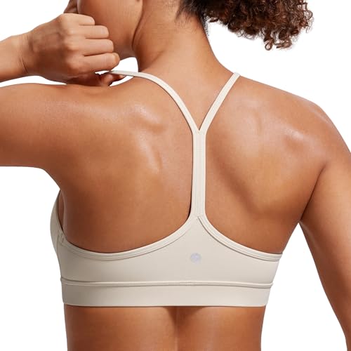 CRZ YOGA Butterluxe Womens Y Back Sports Bra - Padded Racerback Low Impact Spaghetti Thin Strap Workout Yoga Top Mojave Tan X-Small