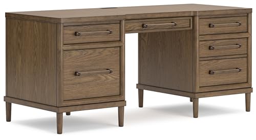 Signature Design by Ashley Roanhowe Contemporary 68" Home Office Desk with 6 Felt-Lined Drawers, USB Charging Ports and Cord Management, Dark Brown