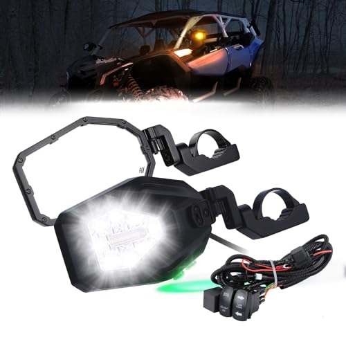 KEMIMOTO UTV LED Lighted Side Mirrors with Flowing Turn Signal, Spot, Ground light, Heavy Duty lighted Rally Integrated Mirror for 1.6-2 in Roll Bar Compatible with Polaris RZR Talon 1000 Can Am X3