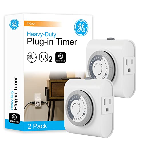 GE 24-Hour 2 Grounded Outlets Mechanical Outlet Timer, Timers for Electrical Outlets Indoor, Light Timers Indoor, Daily ON/OFF Cycle, Timer for Lights Inside, Christmas Tree Timer, 2 Pack, 46211