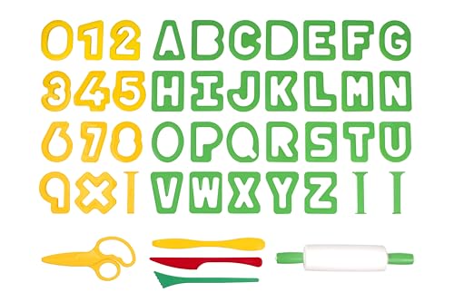 Jovi - Playdough Tools for Kids, 44 Modeling and Cutting Tools for Modeling Clays, Air Dry, Dough, Plasticine... Accessories Set with Letters, Numbers, 1 Rolling Pin and Scissors (P7AN)