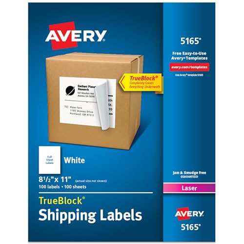 Avery Full-Sheet Printable Shipping Labels, 8.5" x 11" Customizable Stickers, White, 100 Blank Mailing Labels, Great for Mailing, Shipping, Organizing, and More (5165)
