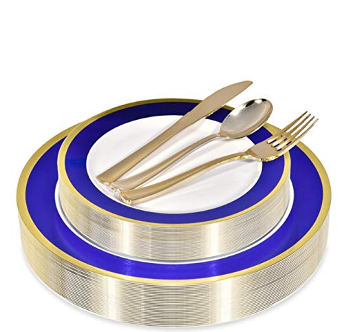 125-Piece White, Blue, and Gold Fancy Plastic Plates Disposable with Silverware, Elegant Dinnerware for Weddings, Holiday Party China, Set of 25 Dinner + Salad Plates, 25 Spoons, 25 Forks, 25 Knives