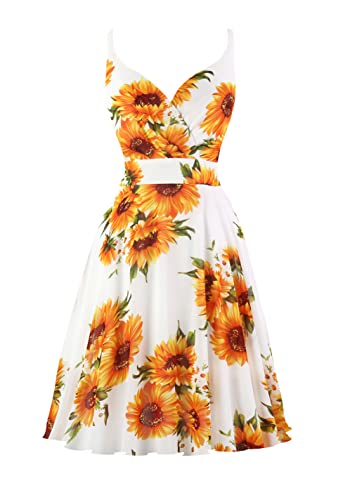Dressever Summer Cocktail Dress V-Neck Adjustable Spaghetti Strap Chiffon Sundress White Sunflower 2XL