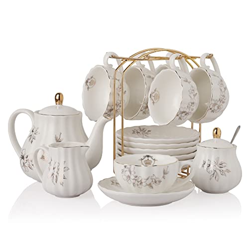 Porcelain Tea Sets British Royal Series, 8 OZ Cups & Saucer Service for 6, with Teapot Sugar Bowl Cream Pitcher Teaspoons and Tea Strainer, Suitable for High Tea, Wedding, Party（Morning glory）