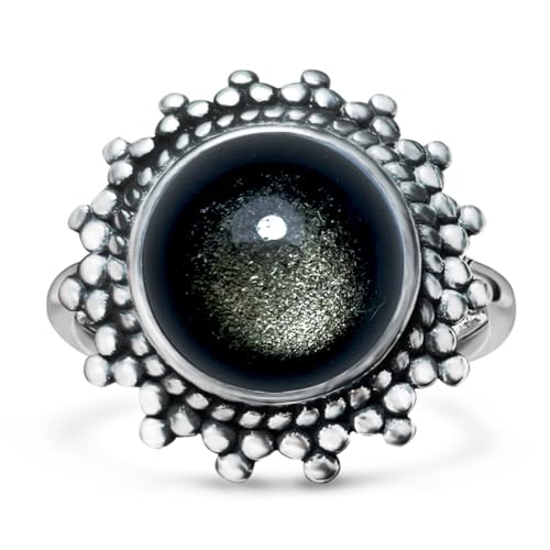 HQFJW Round Natural Black Obsidian Stone Ring,S925 Sterling Silver Retro Antique Real Genuine Crystal Quartz Gemstone Boho Bohemian Statement Ring for Women (Ring_A, 8)