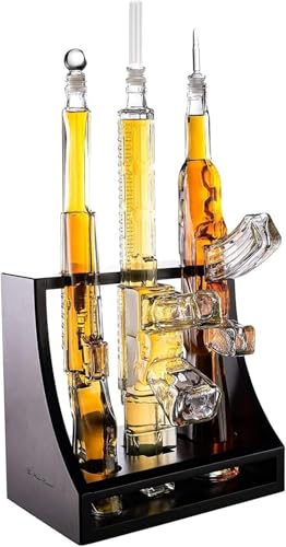 3 Gun Whiskey Decanters Set & Rifle 1000ml - The Wine Savant - Pistol Rack Display, Patriotic Barware, Veteran Gifts, Man Cave Decor, Military Gifts, Whiskey Decanter Set Crystal Clear Glass AR15 AK47