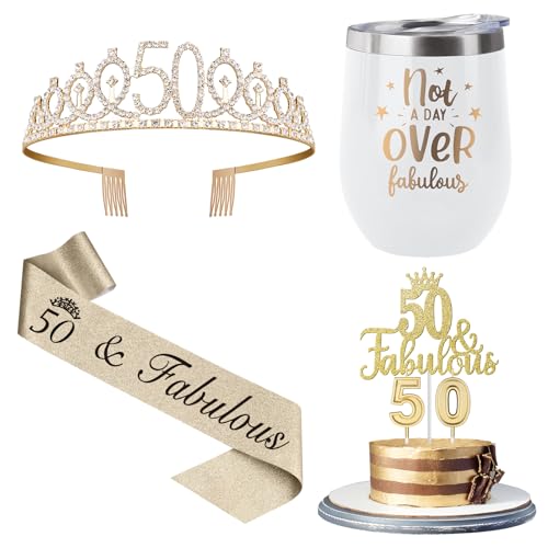 Juesly 50th Birthday Gifts Women Including 12oz Tumbler/Mug for Wine or Coffee, Birthday Crown, Sash, Cake Topper and Candles, 50 Year Old Decorations Gifts Idea