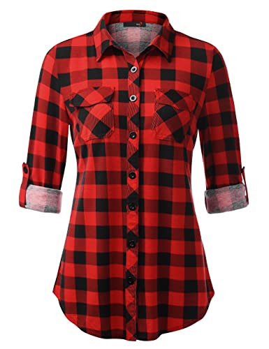 DJT Womens Soft Stretchy Knit Plaid Shirts Roll Up Long Sleeve Collared Button Down Blouses Tops Medium Red Plaid