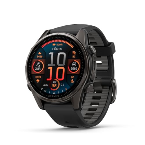 Garmin fēnix® 8 – 43mm, AMOLED, Sapphire, Premium Multisport GPS Smartwatch, Long-Lasting Battery Life, Dive-Rated, Built-in LED Flashlight, Carbon Gray DLC Titanium with Pebble Gray Band