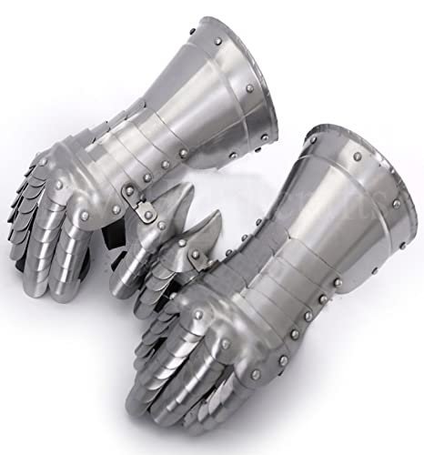 L M Handicrafts Medieval Gauntlets Gloves with fingers late Middle Ages Silver Steel costume Spartan Roman Helmet European Kettle Hate Viking mask Barbuta Crusader Gloves Gauntlet Half