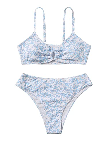 COZYEASE Girls' 2 Piece Ditsy Floral Print Knot Front Ruched Triangle Bikini Swimsuit Blue and White 13 Years