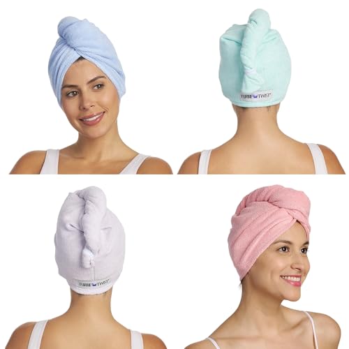 Turbie Twist 4-Pack Microfiber Hair Towel for Beauty, Travel, Gifting - Hair Wrap Turban for Straight, Wavy & Curly Hair - Premium Hair Care - Pink, Purple, Blue & Aqua