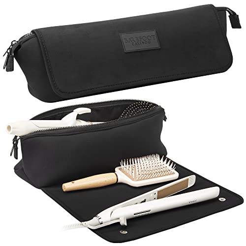 BAREFOOT CARIBOU Hair Tools Travel Bag and Heat Resistant Mat for Flat Irons, Straighteners, Curling Iron, Haircare Accessories, 2-in-1 design, with Interior Pockets, Portable Organizer(Black)
