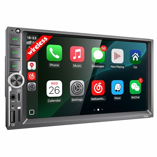 7'' Double Din Car Stereo with Upgraded Wireless Apple Carplay & Android Auto, 240W Powerful Sound, Bluetooth Handsfree, RDS/FM/AM Reiceiver, USB Type-C Charge/AUX/TF Full Ports, Touchscreen Radio
