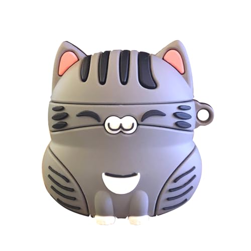 Earphone Case for AirPods 4 - Cute Sitting Smiling Happy Lucky Cat Soft TPU Silicone Cover, Lovely Yellow Grey Kitty Protective Skin Shockproof Protector for Earbuds