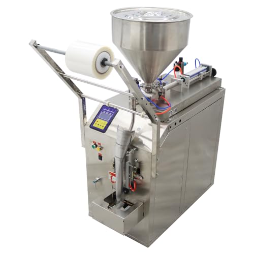 HayWHNKN Automatic Liquid Filling Packaging Sealing Machine with Horizontal Mixing Hopper 10-100ml Quantitative Packing Machine for Chili Sauce Pastes Oil Beverage Stainless Steel