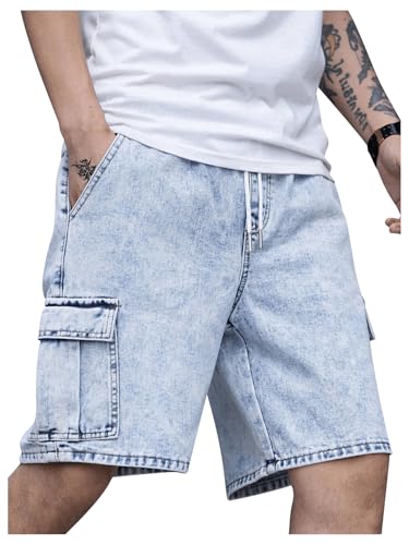 OYOANGLE Men's Drawstring Elastic Waist Flap Pocket Straight Cargo Jean Denim Shorts Light Wash M