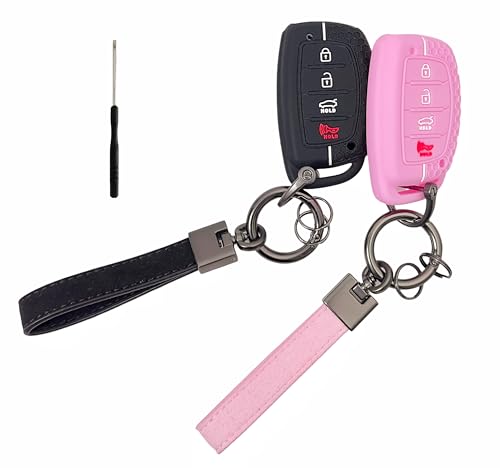 REPROTECTING Silicone Rubber Key Fob Cover Compatible with Hyundai Elantra Elantra GT Ioniq Sonata Tucson (not for Keys with Eject/fold Buttons) (2016-2021) (Black/Pink)