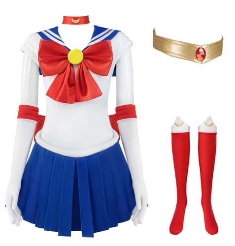 Qseownd Girls Moon Cosplay Shirt Skirt School Uniform Moon Fancy Sailor Dress Halloween Costume 6-12 Y (Deep Blue, Medium)