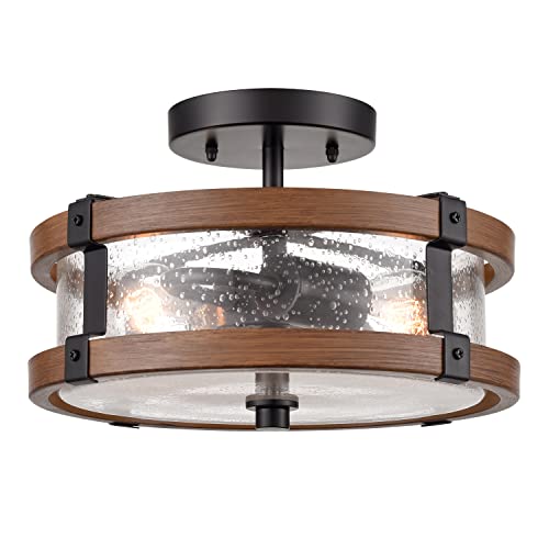 DEYNITE Farmhouse 2-Light Ceiling Light Fixture, Semi Flush Mount Ceiling Light with Seeded Glass Shade, Rustic Retro Ceiling Lamp for Kitchen Hallway Entryway
