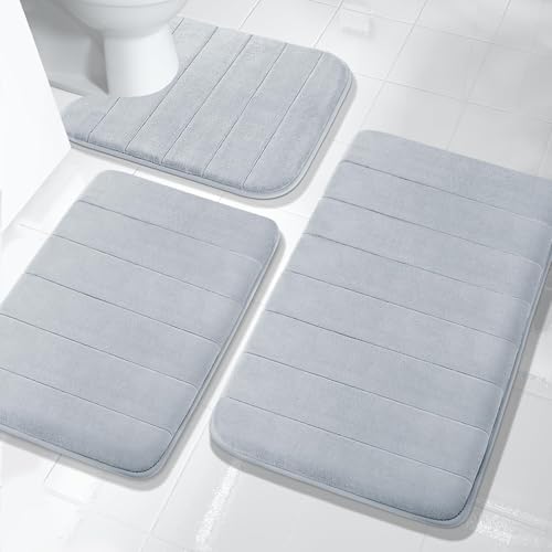 Yimobra Memory Foam Bath Mat Set 3 Pieces- Super Soft Absorbent Quick Dry Bathroom Rug Sets, Machine Washable Non Slip Floor Carpet for Tub Shower, Vanity & Toilet Base, Silver