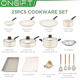 ONGIFT 23 Pcs Ceramic Pots and Pans Set Nonstick, Kitchen Cookware Sets, with Frying Pan, Saucepan, Saute Pan, Lightweight Cooking Set with Stay-Cool Wood Handles, NO PFAS and PFOA, Dark Wood