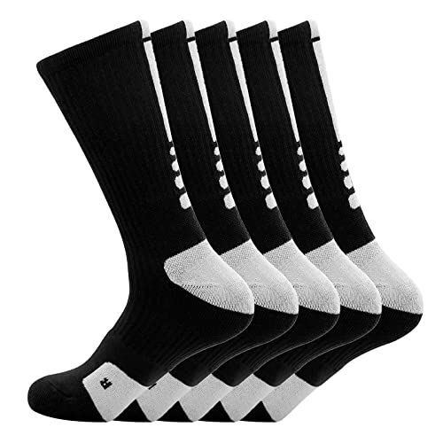 MUMUBREAL Basketball Socks Cushion Compression Crew Sock Elite Athletic Socks for Men & Women, Black (5 pack)