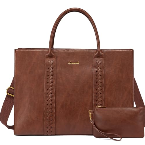 LOVEVOOK Laptop Tote Bag for Women, Vintage Leather Work Bags Teacher Laptop Bag With Cup Holder, Waterproof Computer Bag Purse, Professional Briefcase Office Shoulder Bag Handbag, 15.6 Inch, Brown