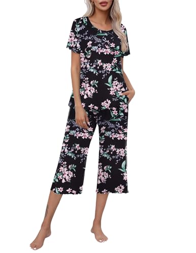 Ekouaer Women's Pajamas Set Short Sleeve Top With Capri Pants Pjs Lounge & Sleepwear Set Black with Pink Floral,Large