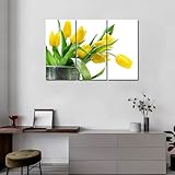 First Wall Art - 3 Panel Wall Art Green Spring Flowers Yellow Tulip Painting Pictures Print On Canvas Flower The Picture for Home Modern Decoration Piece (Stretched by Wooden Frame,Ready to Hang)