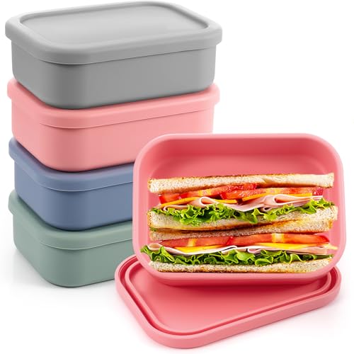 Layhit 4 Pcs Silicone Lunch Box 23.7 oz Silicone Bento Box with Lids Reusable Food Storage Containers Set Airtight, Dishwasher and Freezer Safe, 4 Colors