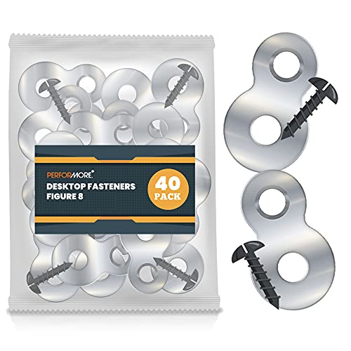Performore 40 Pack of Figure 8 Shaped Steel Desk Top Fastener Clips, Heavy Duty Figure-Eight Fasteners Table Top Connector or Desk Top Fastener Clip, Solid Steel with 80 Nickel Screws