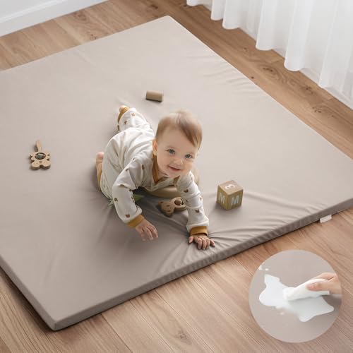 Blissful Diary Vegan Leather Baby Play Mat, 50x50 Thicken Foam Cushioned & Waterproof Playpen Mat for Infants and Toddlers, Stylish and Just Wipe-Clean Playmat for Baby Play on Floor, Brown Gray